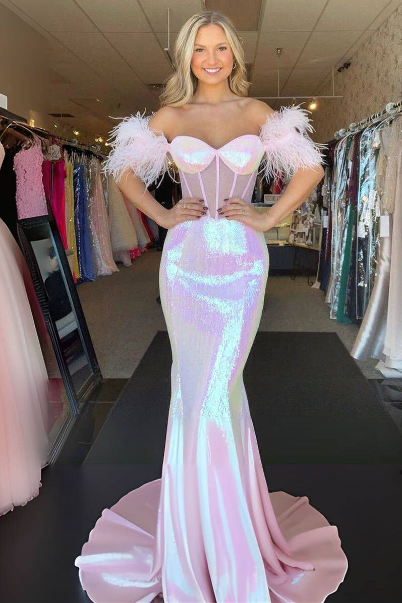 feathered pink dress Sweetheart Pink Off the Shoulder Feathered Mermaid Prom Dress – FancyVestido