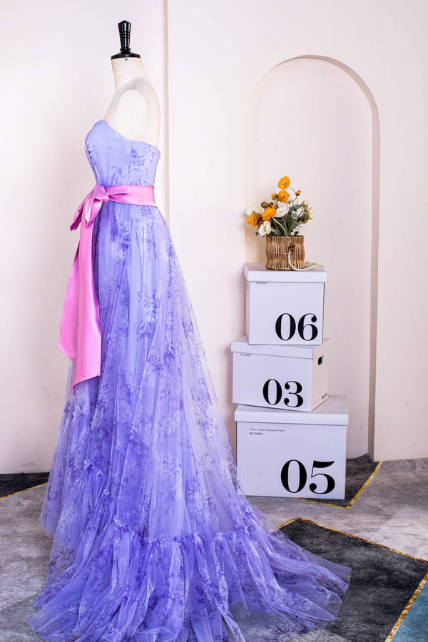 Strapless Lavender Floral Print Long Prom Dress with Bow Sash