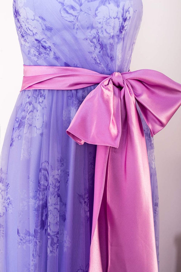 Strapless Lavender Floral Print Long Prom Dress with Bow Sash