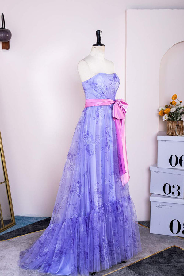 Strapless Lavender Floral Print Long Prom Dress with Bow Sash