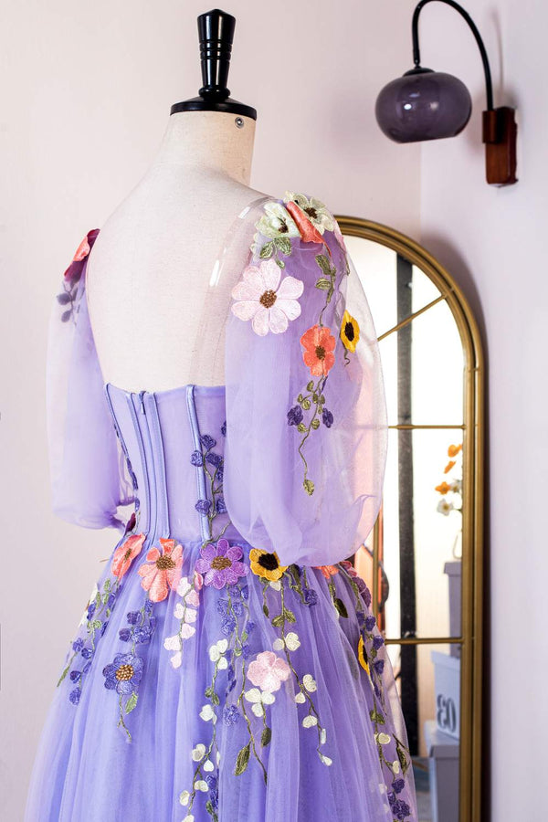 Lavender Floral Puff Sleeves Tulle A-Line Long Prom Dress