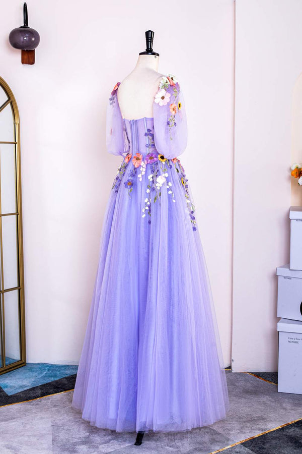 Lavender Floral Puff Sleeves Tulle A-Line Long Prom Dress