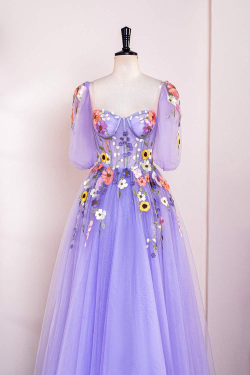 Lavender Floral Puff Sleeves Tulle A-Line Long Prom Dress