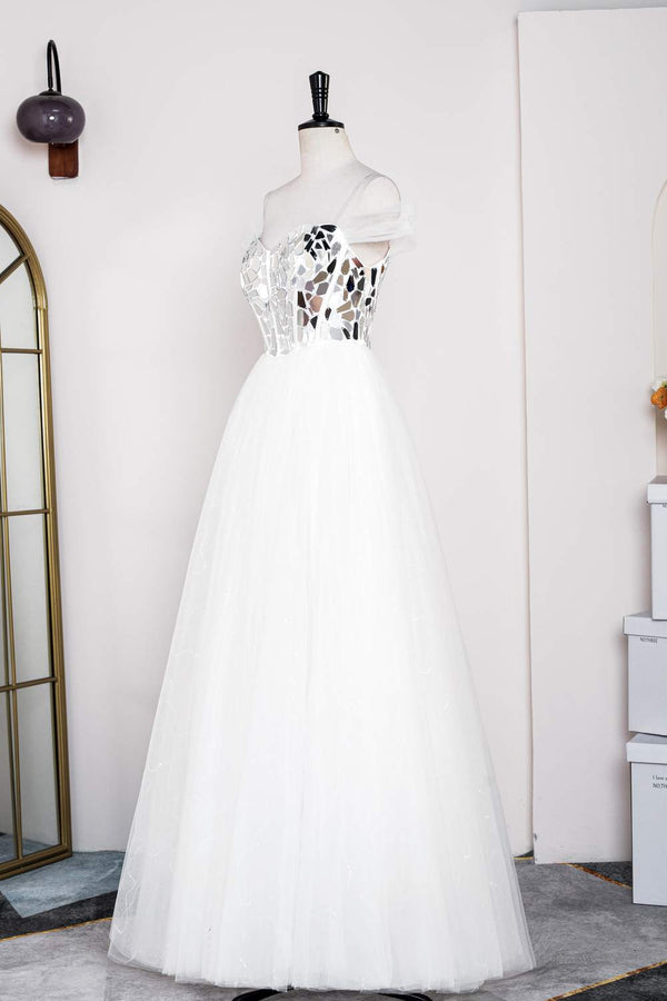 White Off-the-Shoulder Cut Mirror Sequin A-Line Prom Dress