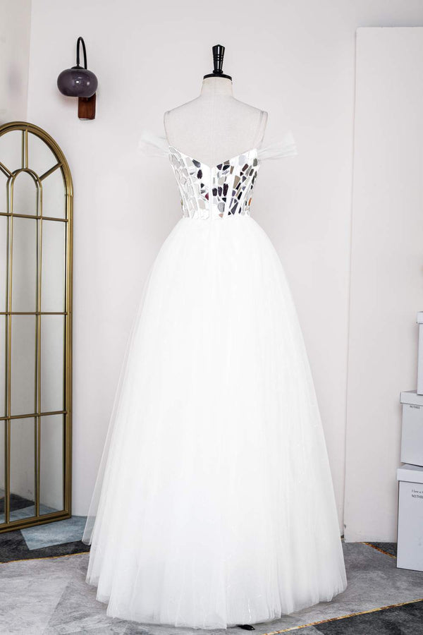White Off-the-Shoulder Cut Mirror Sequin A-Line Prom Dress