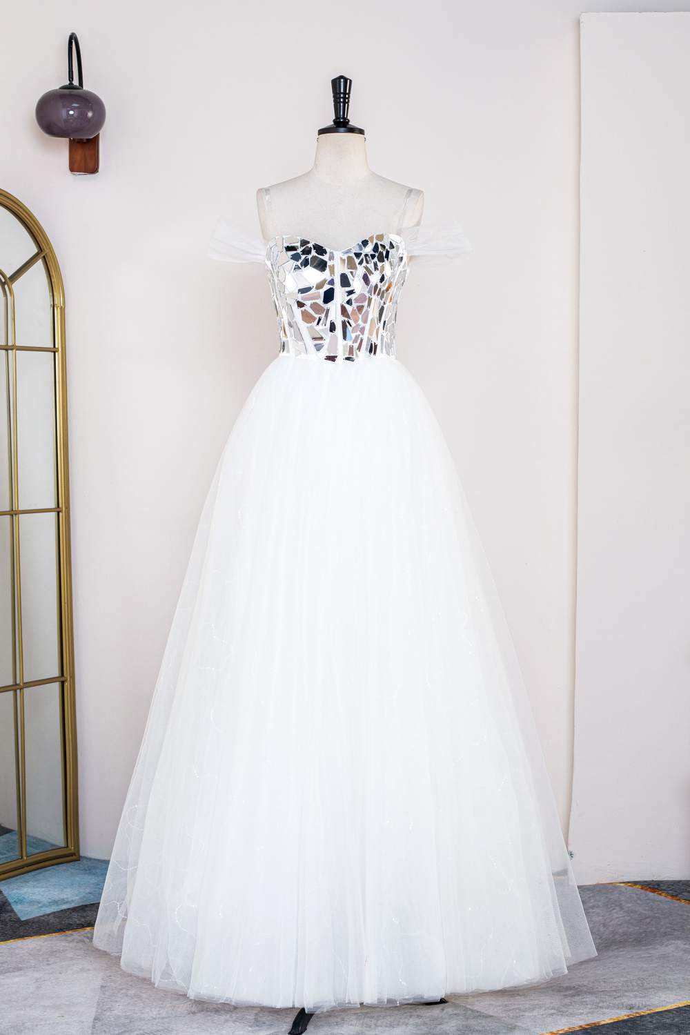 White Off-the-Shoulder Cut Mirror Sequin A-Line Prom Dress – FancyVestido
