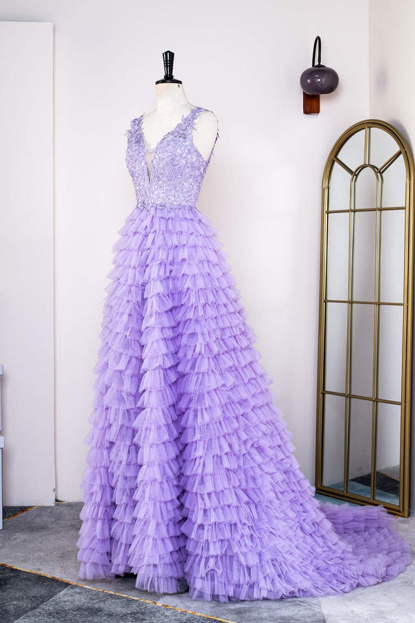 V-Neck Lavender Appliques Layered Prom Dress with Slit