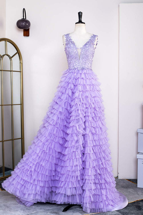 V-Neck Lavender Appliques Layered Prom Dress with Slit