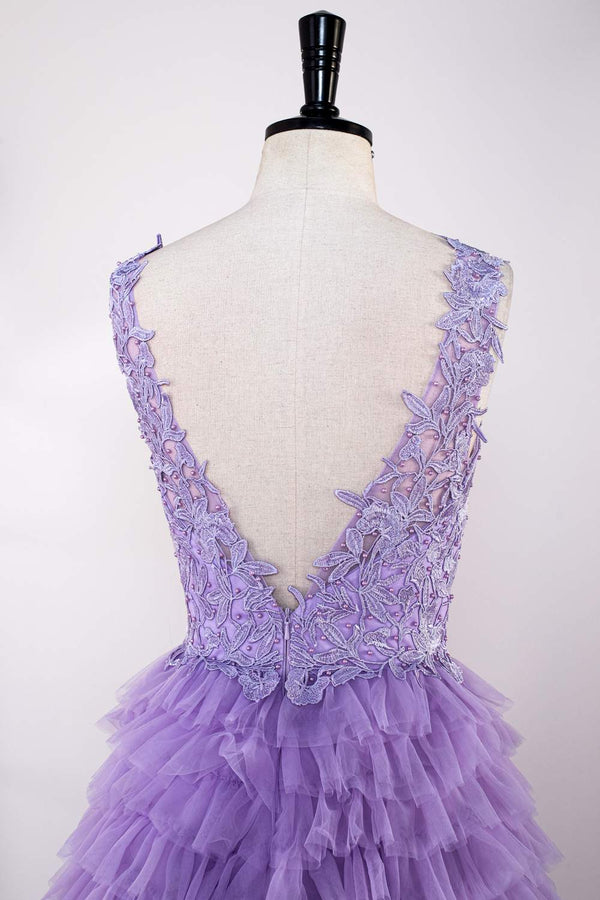 V-Neck Lavender Appliques Layered Prom Dress with Slit