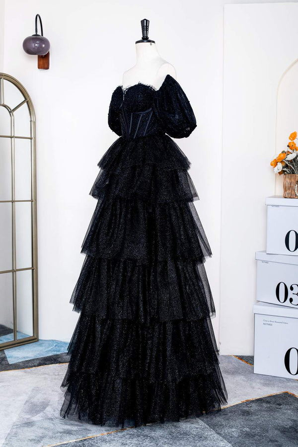 Glitter Off the Shoulder Black Beaded Puff Sleeves Layered Prom Dress