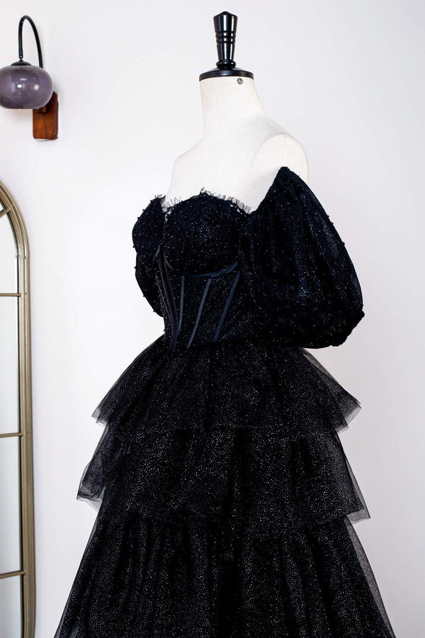 Glitter Off the Shoulder Black Beaded Puff Sleeves Layered Prom Dress