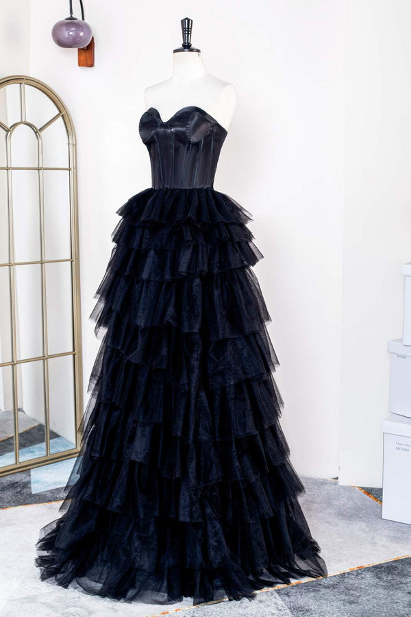 Sweetheart Black Layered Tulle A-Line Prom Dress