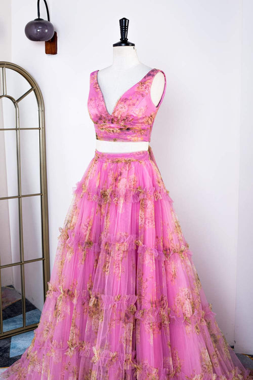 Two Piece V-Neck Pink Floral Print Ruffles A-Line Prom Dress