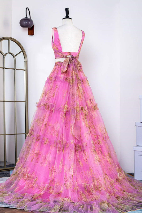 Two Piece V-Neck Pink Floral Print Ruffles A-Line Prom Dress