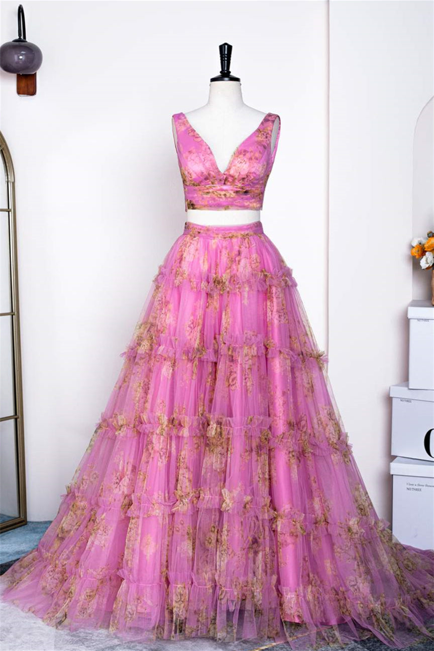 Two Piece V-Neck Pink Floral Print Ruffles A-Line Prom Dress