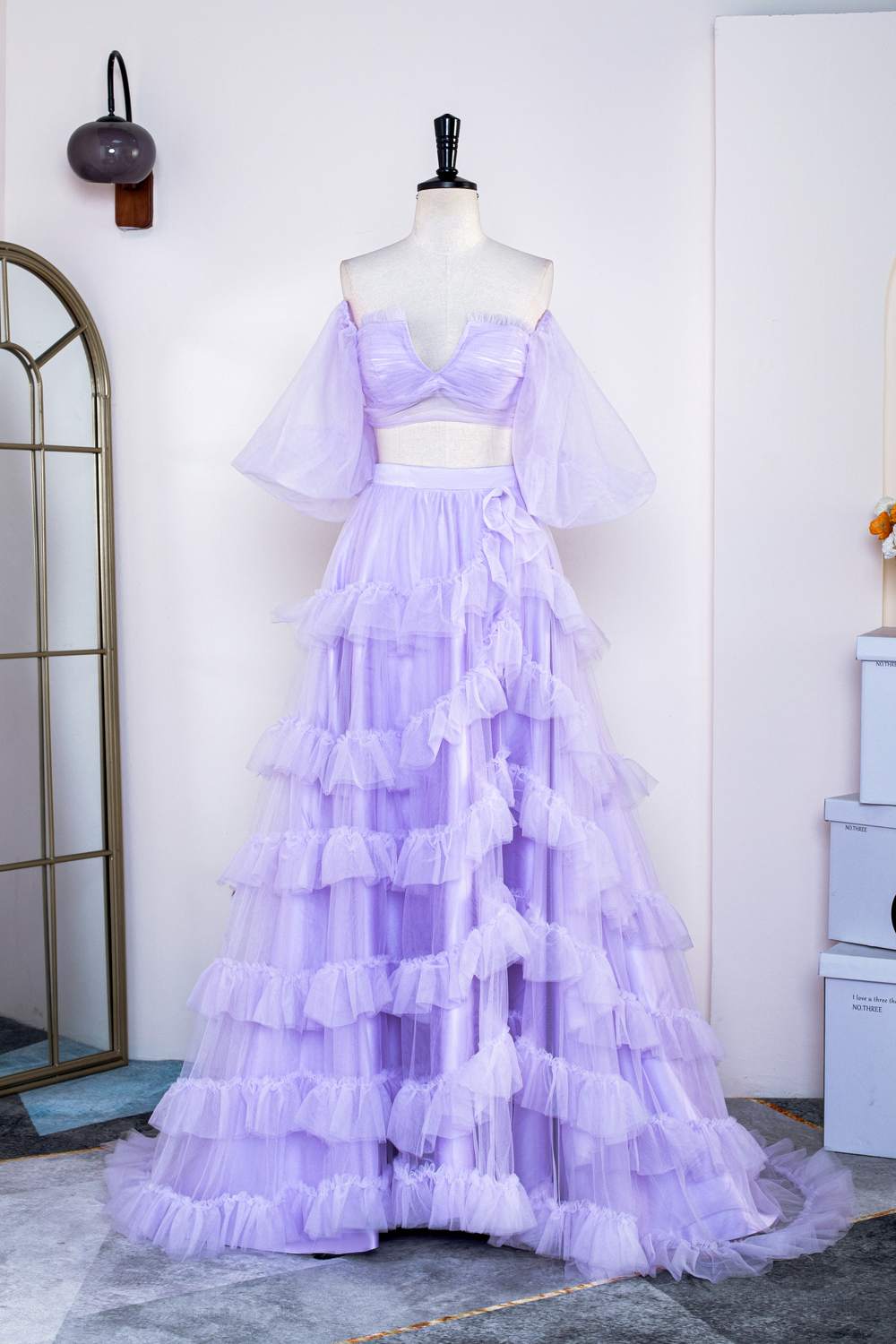 Two Piece Lavender Off the Shoulder Ruffles Prom Dress with Slit FancyVestido Two Piece Lavender Off the Shoulder Ruffles Prom Dress with Slit FancyVestido