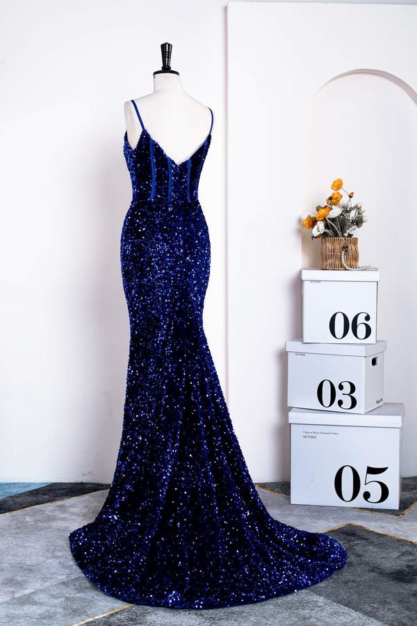 Mermaid Royal Blue Straps Sequin Long Prom Dress