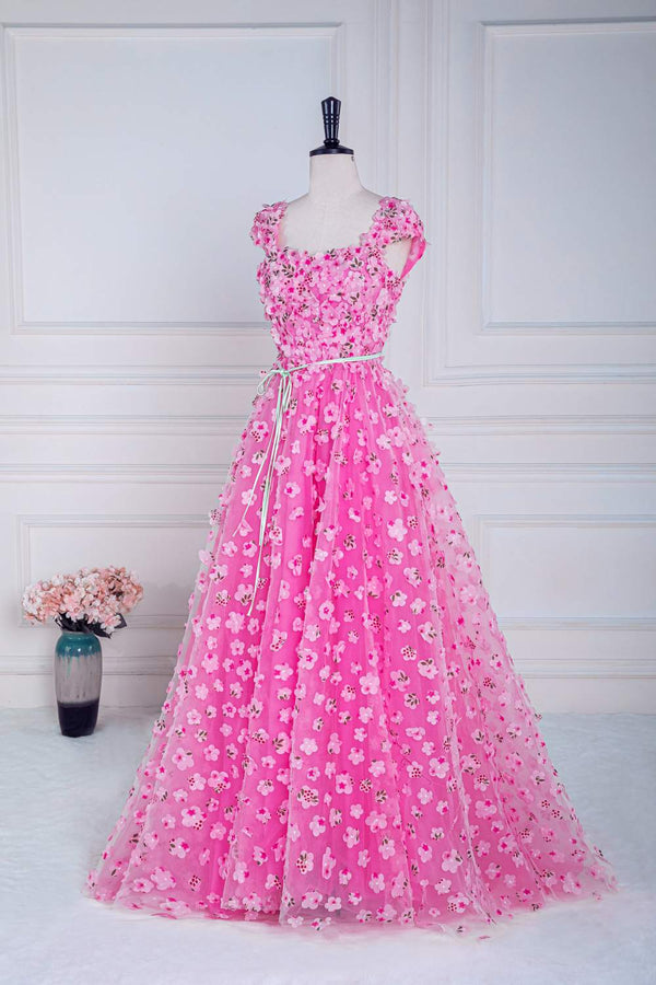 Hot Pink 3D Floral Cap Sleeves A-Line Prom Dress with Sash