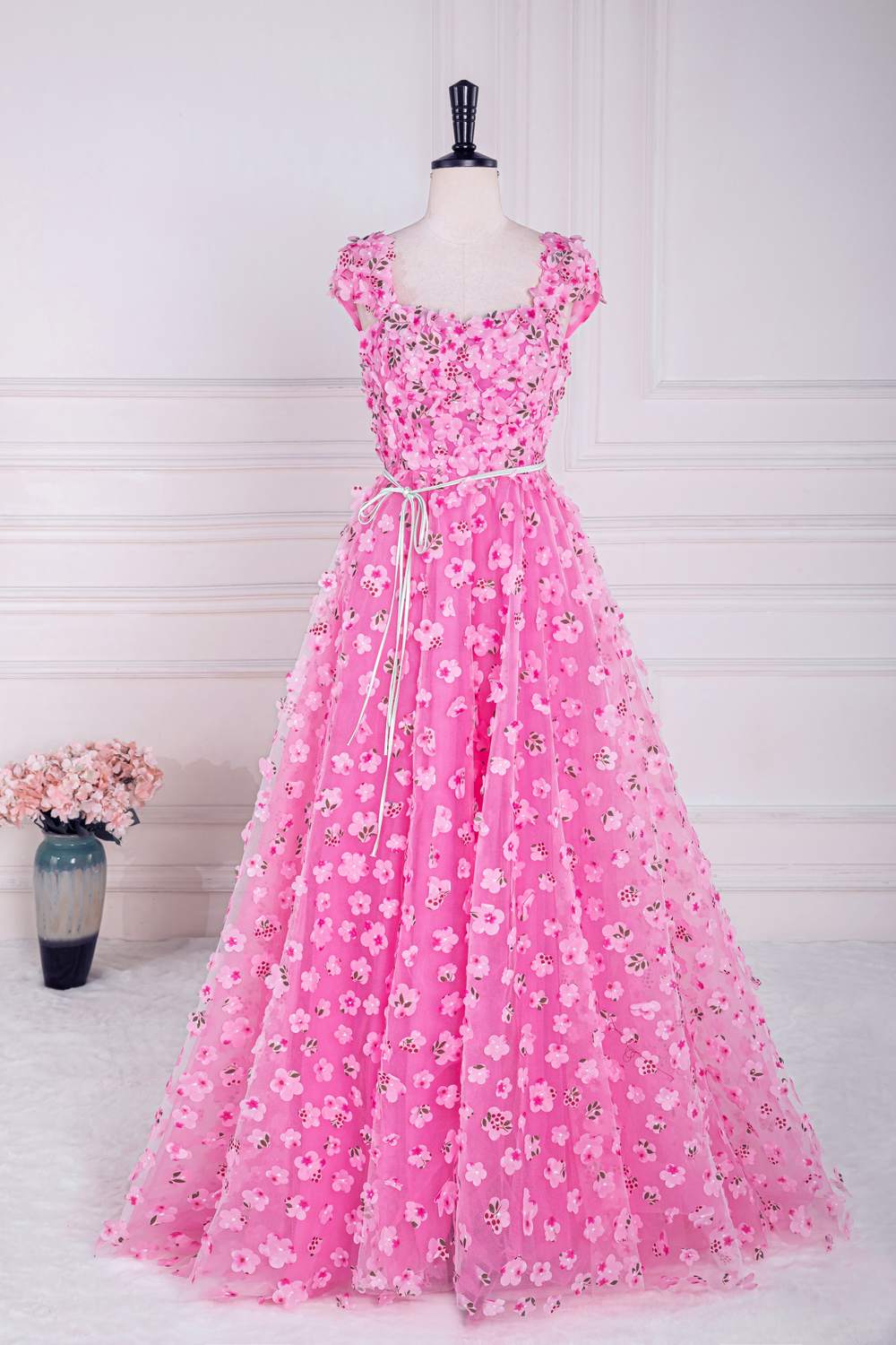 Hot Pink 3D Floral Cap Sleeves A-Line Prom Dress with Sash