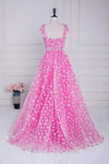 Hot Pink 3D Floral Cap Sleeves A-Line Prom Dress with Sash