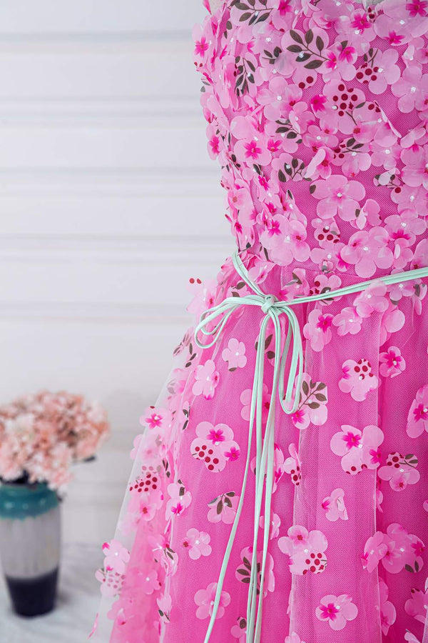 Hot Pink 3D Floral Cap Sleeves A-Line Prom Dress with Sash