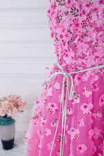 Hot Pink 3D Floral Cap Sleeves A-Line Prom Dress with Sash