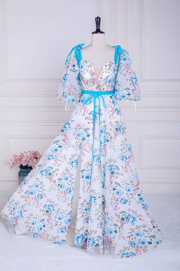 V-Neck Straps Floral Embroidery Long Prom Dress with Detachable Sleeves