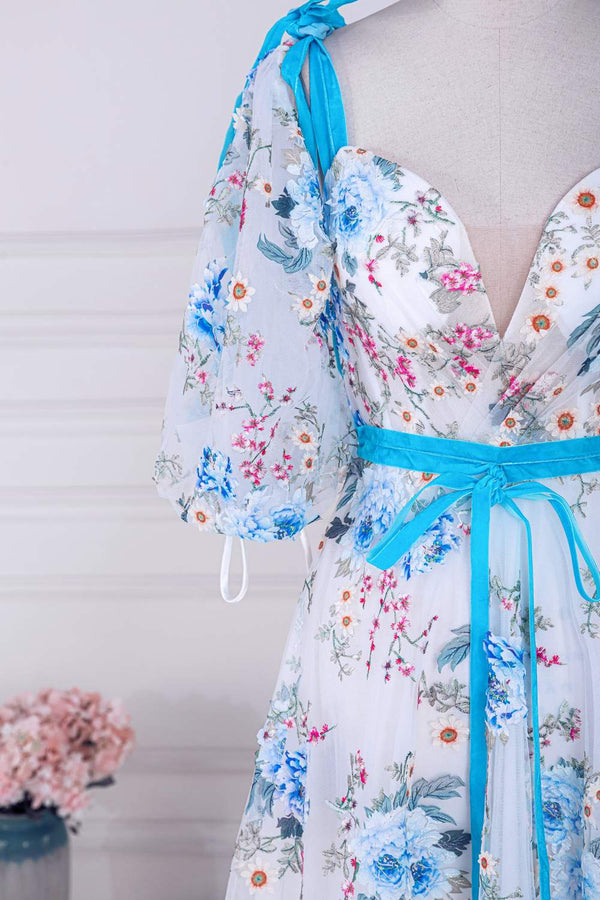 V-Neck Straps Floral Embroidery Long Prom Dress with Detachable Sleeves