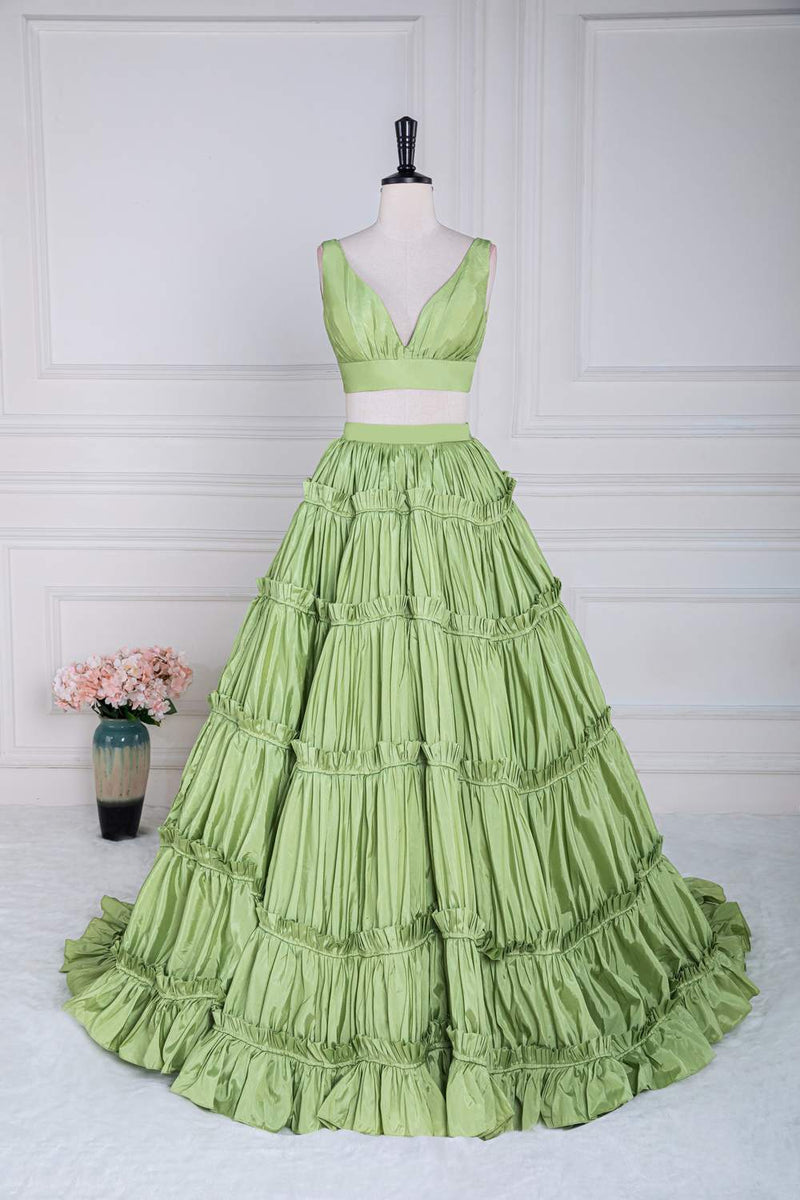 Two-Piece V-Neck Green Taffeta Ruffle Ball Gown