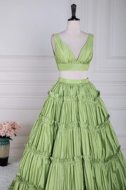 Two-Piece V-Neck Green Taffeta Ruffle Ball Gown