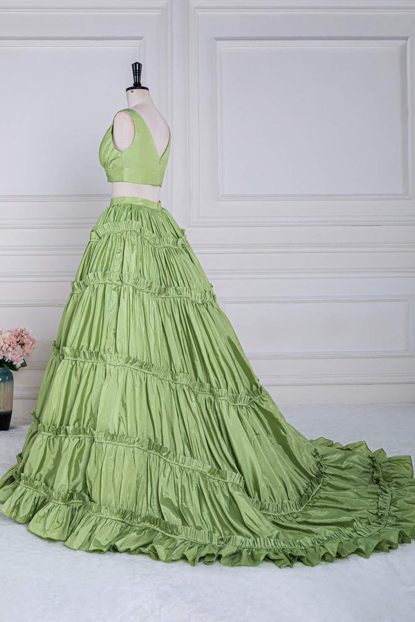 Two-Piece V-Neck Green Taffeta Ruffle Ball Gown