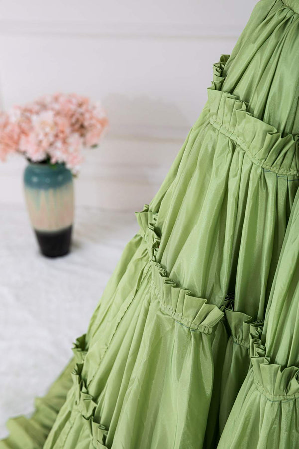 Two-Piece V-Neck Green Taffeta Ruffle Ball Gown