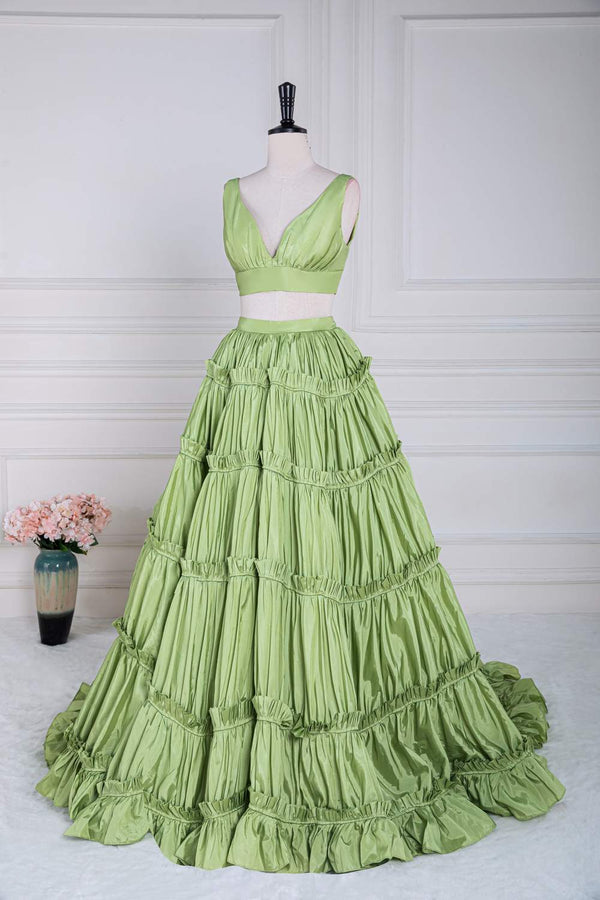Two-Piece V-Neck Green Taffeta Ruffle Ball Gown