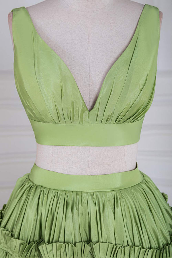 Two-Piece V-Neck Green Taffeta Ruffle Ball Gown