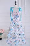 Tie Shoulder Blue Floral Embroidery Tea Length Prom Dress