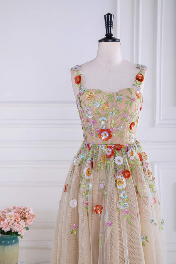 Nude Sequin Floral Appliques A-line Long Formal Gown