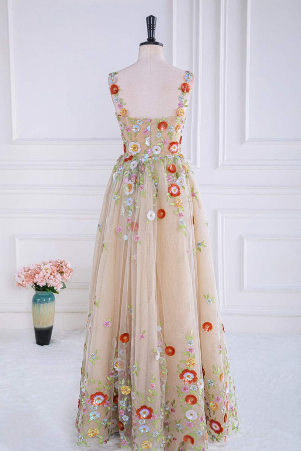 Nude Sequin Floral Appliques A-line Long Formal Gown