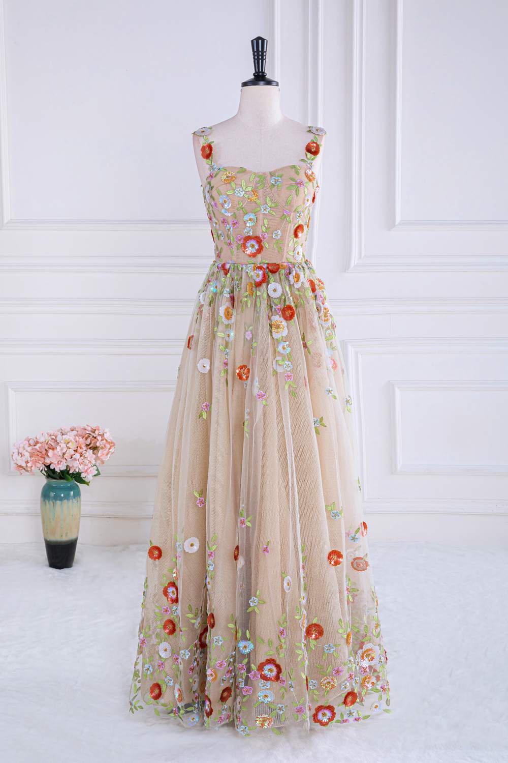 Nude Sequin Floral Appliques A-line Long Formal Gown