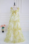 Tie Straps Yellow Floral Print Ruffles Tulle Long Prom Dress