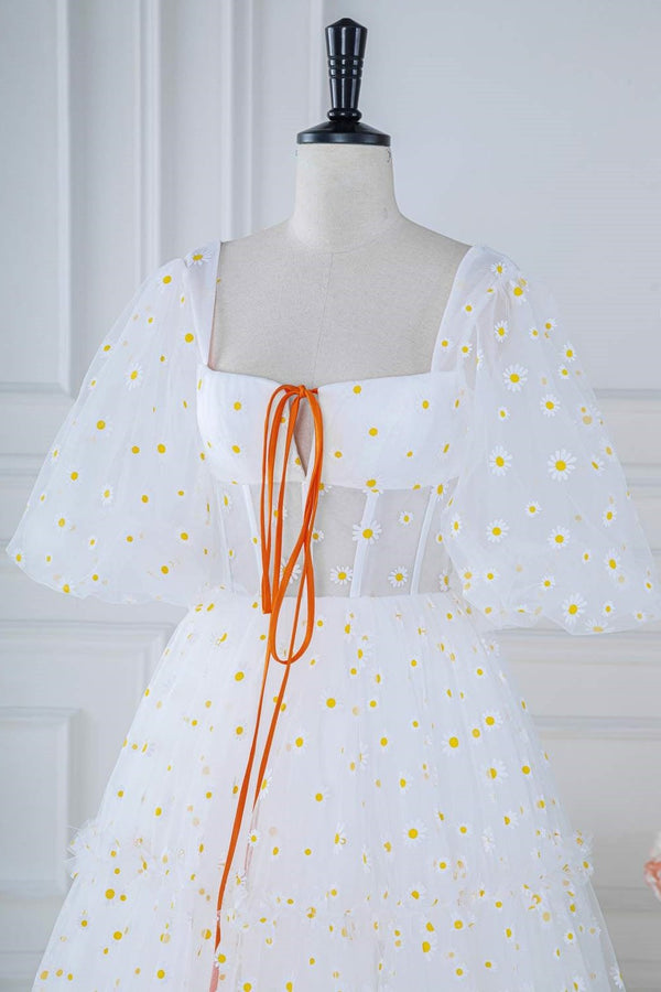 Square Neck White Daisy Print Tulle Long Formal Dress