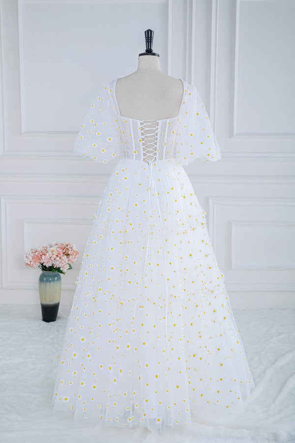 Square Neck White Daisy Print Tulle Long Formal Dress