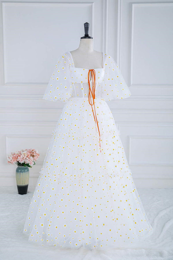 Square Neck White Daisy Print Tulle Long Formal Dress