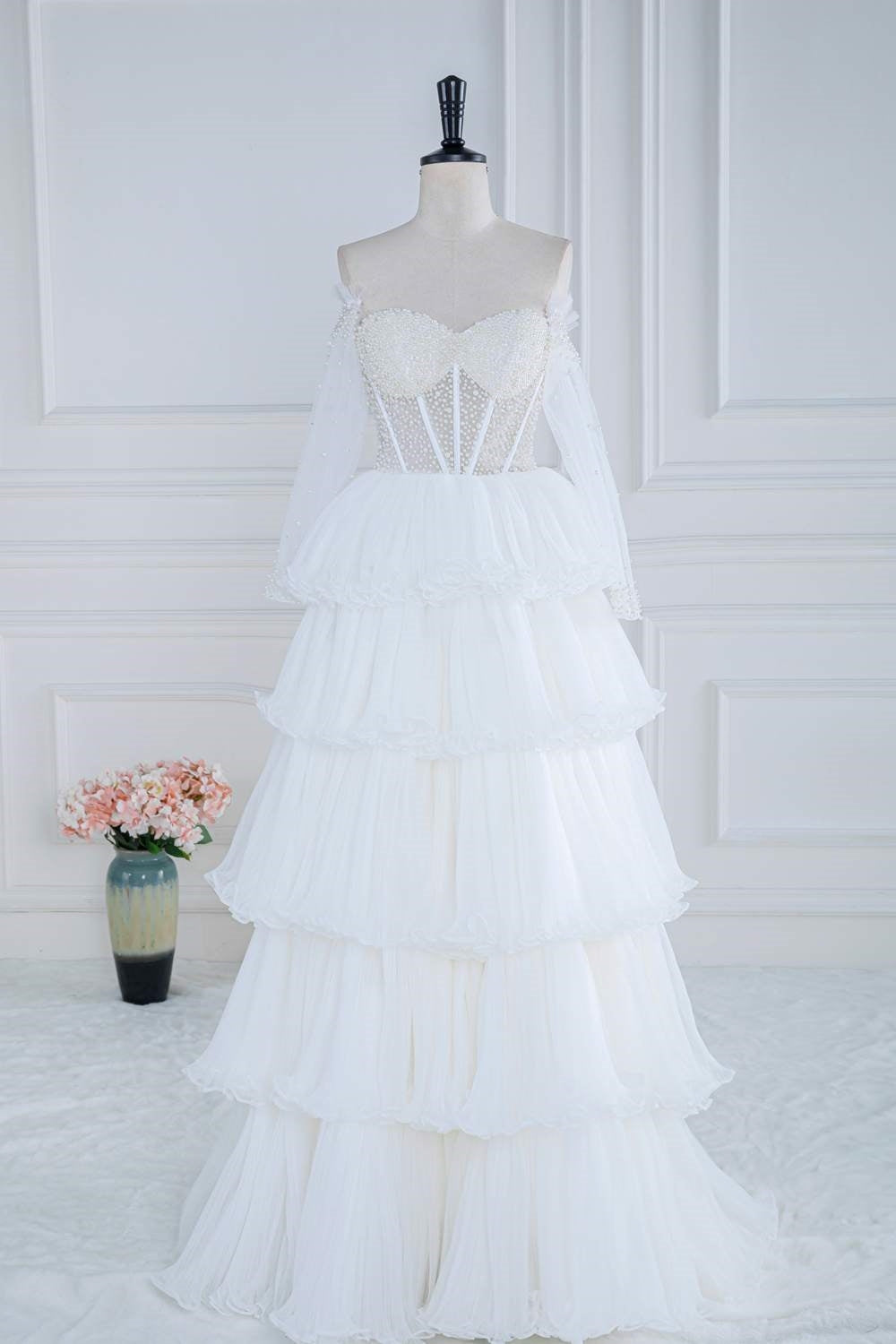 Off the Shoulder White Beaded Top Ruffle Tiered Prom Dress – FancyVestido