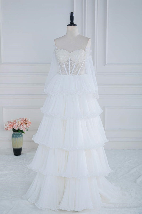 Off the Shoulder White Beaded Top Ruffle Tiered Prom Dress