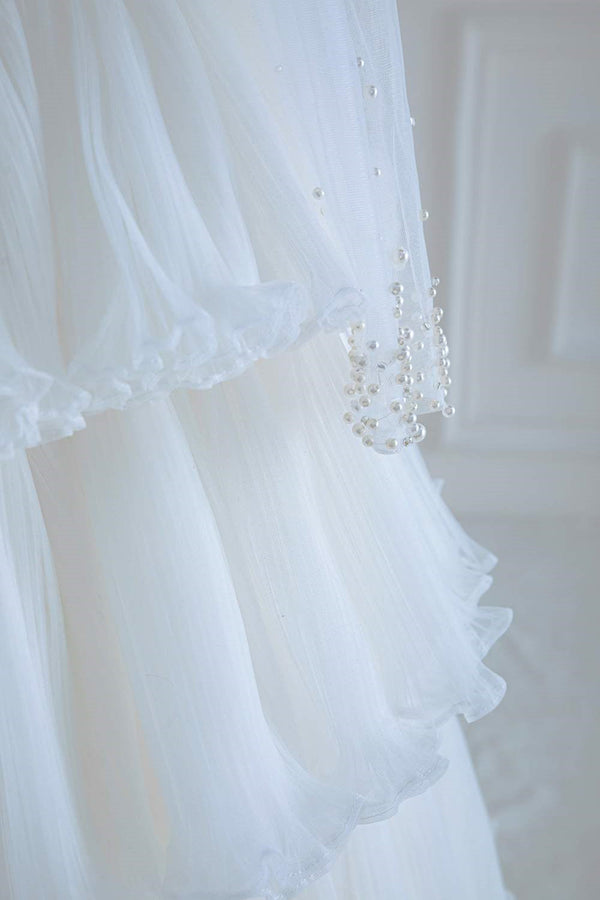 Off the Shoulder White Beaded Top Ruffle Tiered Prom Dress