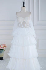 Off the Shoulder White Beaded Top Ruffle Tiered Prom Dress