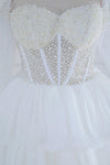 Off the Shoulder White Beaded Top Ruffle Tiered Prom Dress