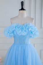 Blue Off the Shoulder Flower A-Line Tulle Prom Dress