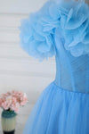 Blue Off the Shoulder Flower A-Line Tulle Prom Dress