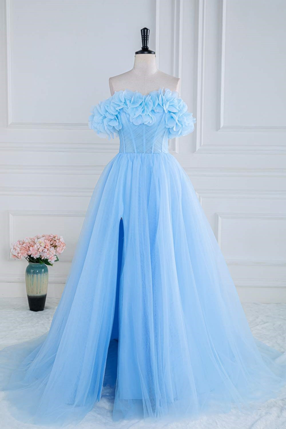 Blue Off the Shoulder Flower A-Line Tulle Prom Dress